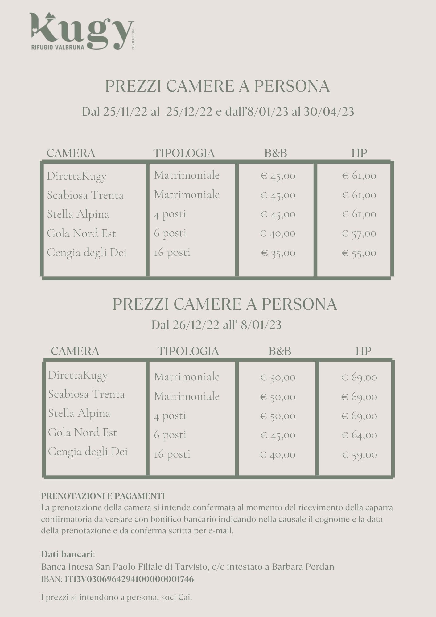 rooms prices Rifugio Kugy